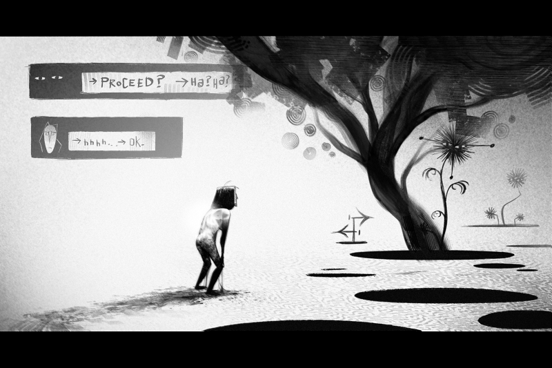 Black and white animation of a character choosing which path to take