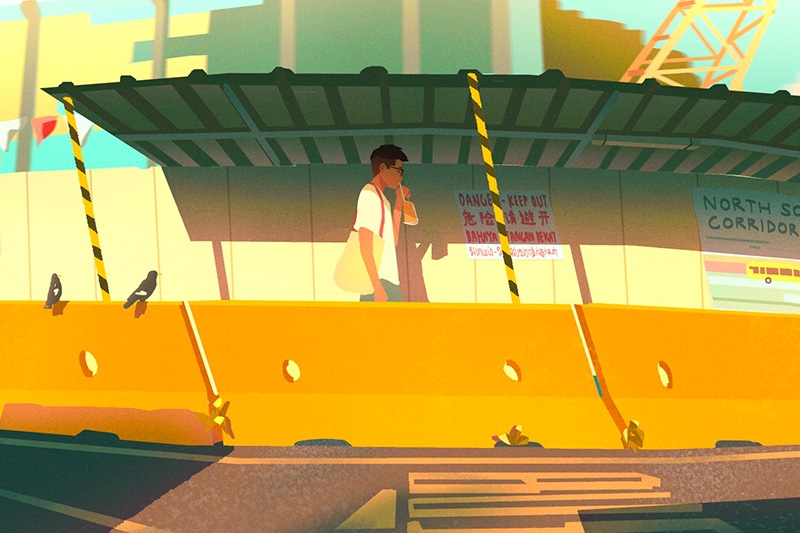 Animated character walking near a barrier near a road