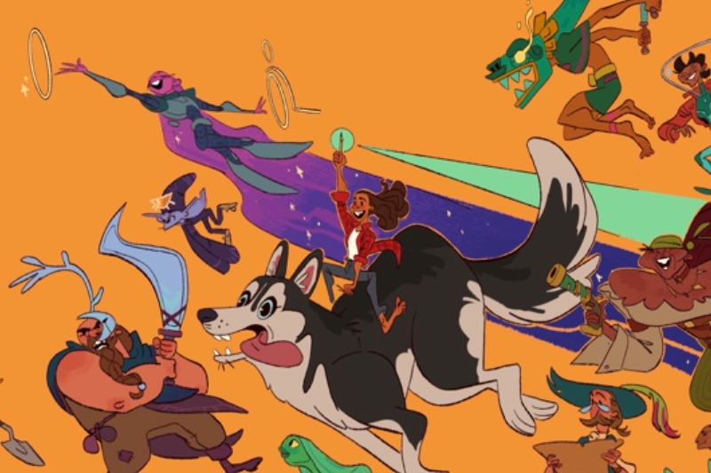 Animated character riding a dog around other chracters