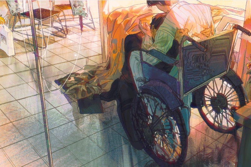 Hospital with an animated character in a wheelchair