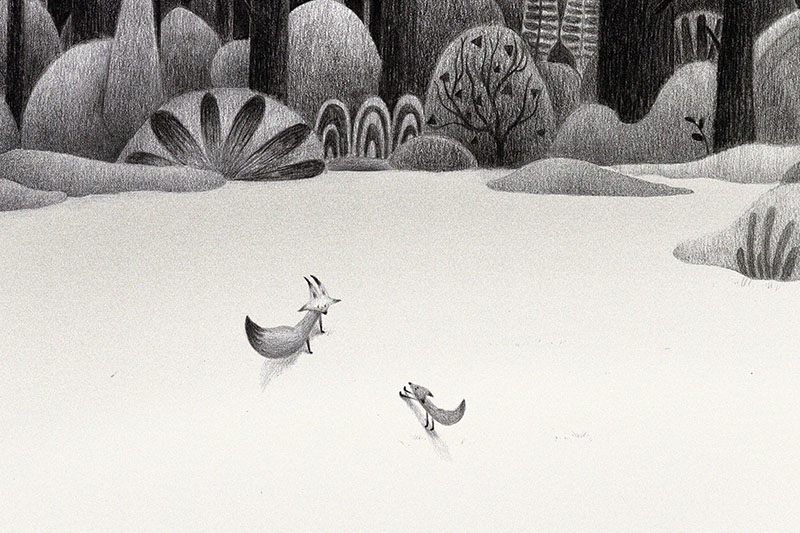 Black and white animation of animals in a forest