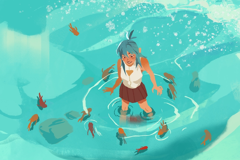 Animated water with fish and a character standing in it