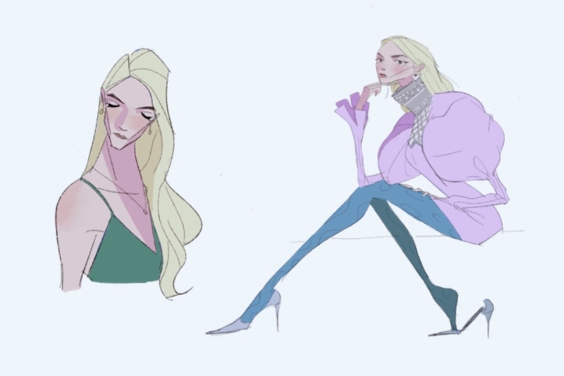 Animated character posing in different outfits