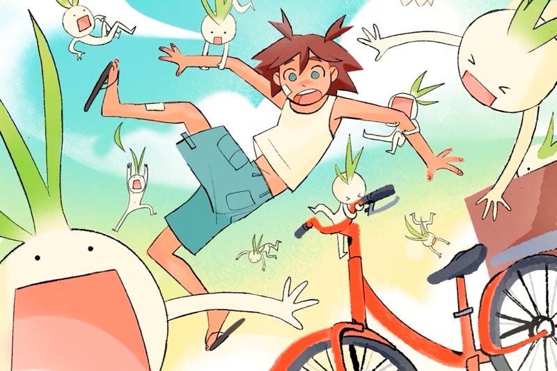 Animated characters falling with a bicycle