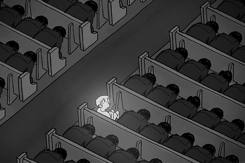 Animated character looking up in a room with benches of people