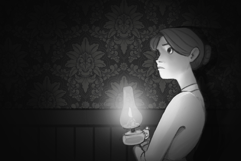 Animated character with a light in a dark hallway