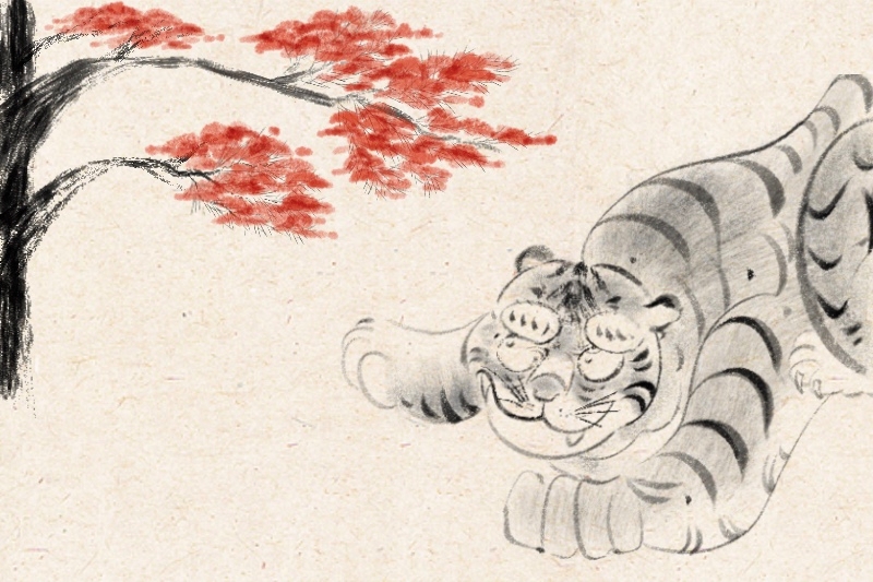 Animation of a tiger looking up at a red tree