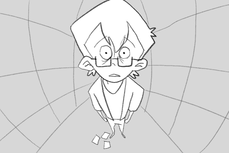 Black and white animation of a character with glasses