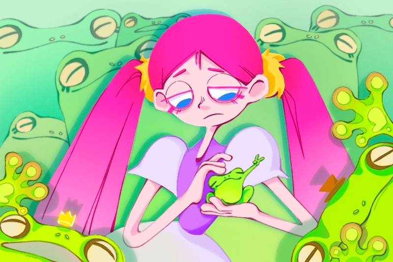 Sad animated character with pink hair holding a frog