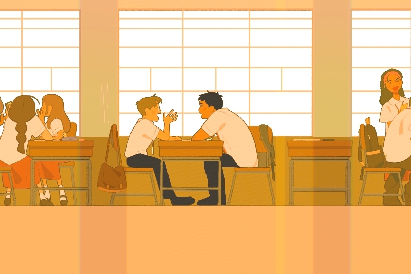 Two animated characters talking at a table