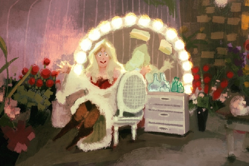 Animated character with a mirror and flowers next to it