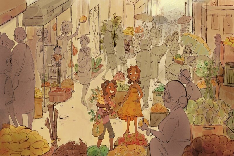 Animation of different characters shopping in a market