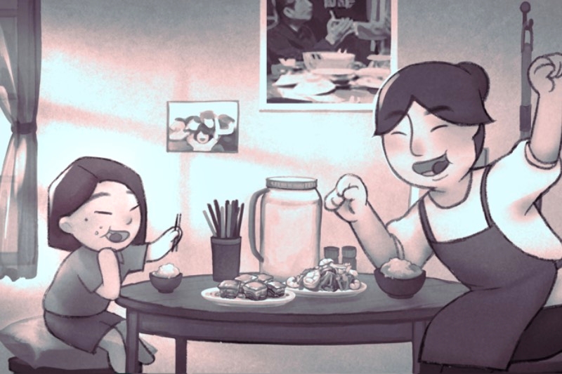 Animation of two characters eating at a table