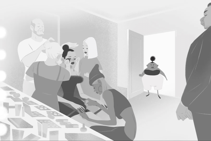 Black and white animation of a character angry at other characters