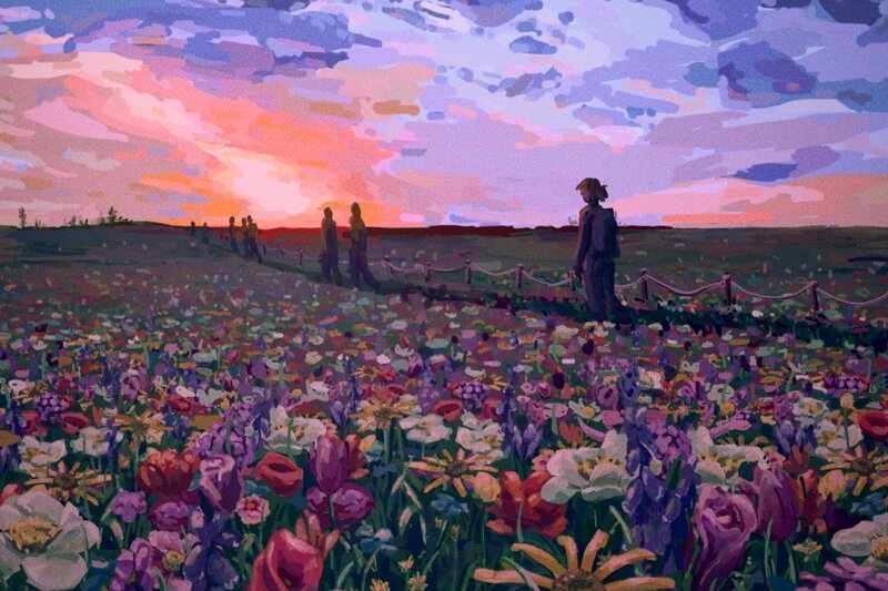 Animation of a colorful sky and a field of flowers