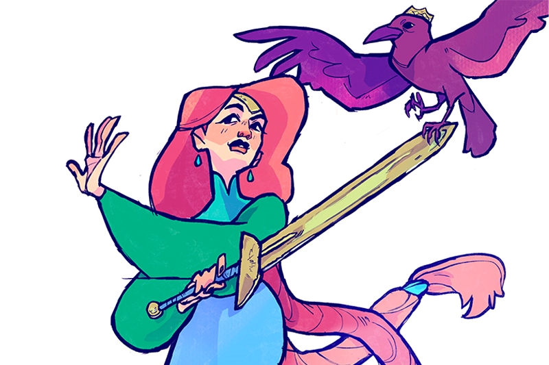 Animation of a character holding a sword with a bird on it