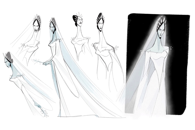 Several versions of an animated character in a white dress