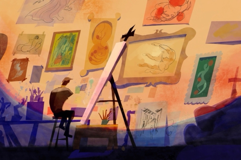 Animation of a character painting pictures in a room