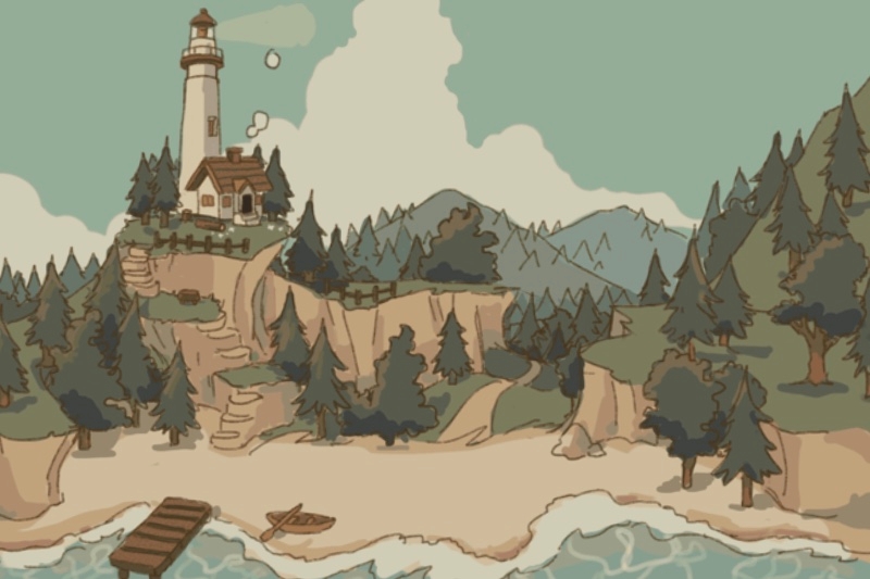 Animation of a beach with a lighthouse behind it