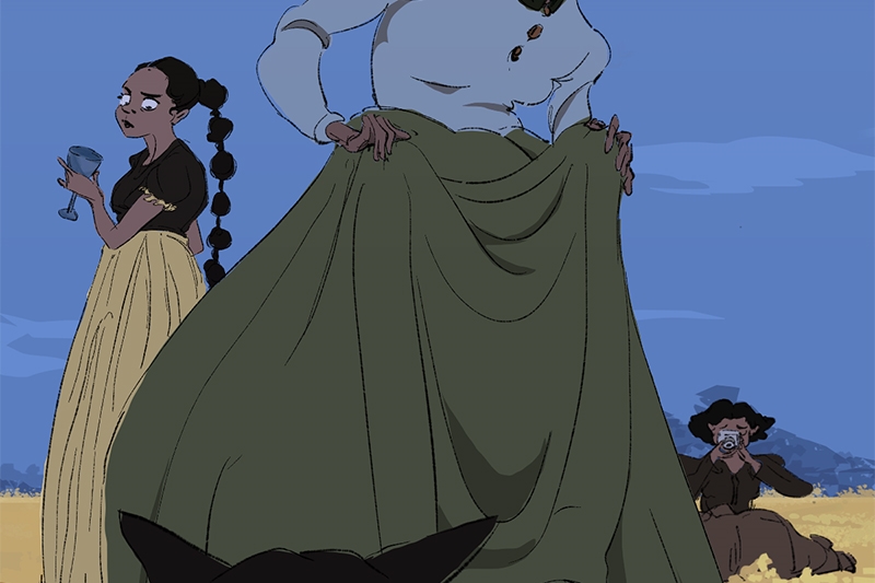 Animation of three characters wearing dresses