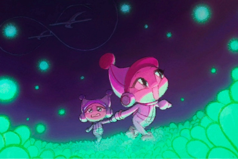 Animation of two pink characters walking through a green area