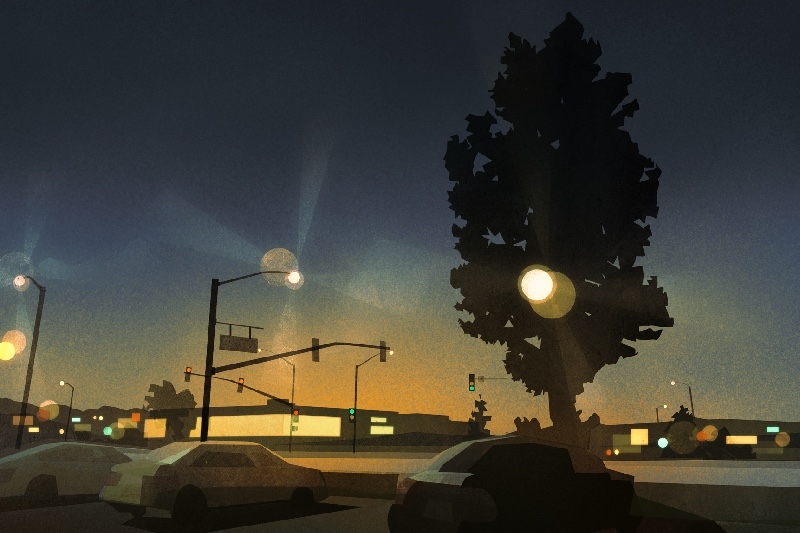 Animation of a road with cars, streetlights, and a tree