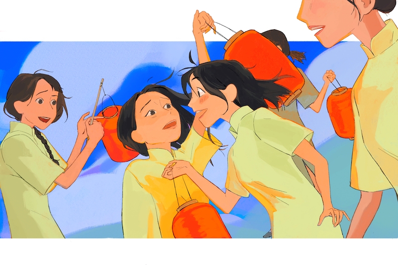 Animation of four characters in yellow dresses with lanterns