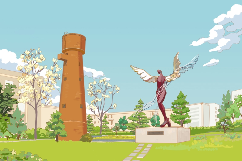 Animation of a winged statue with a tower in the background