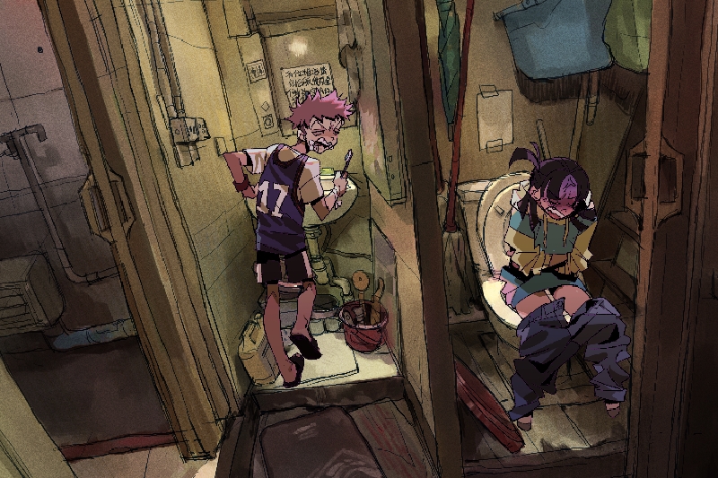 Animation of two characters in a bathroom