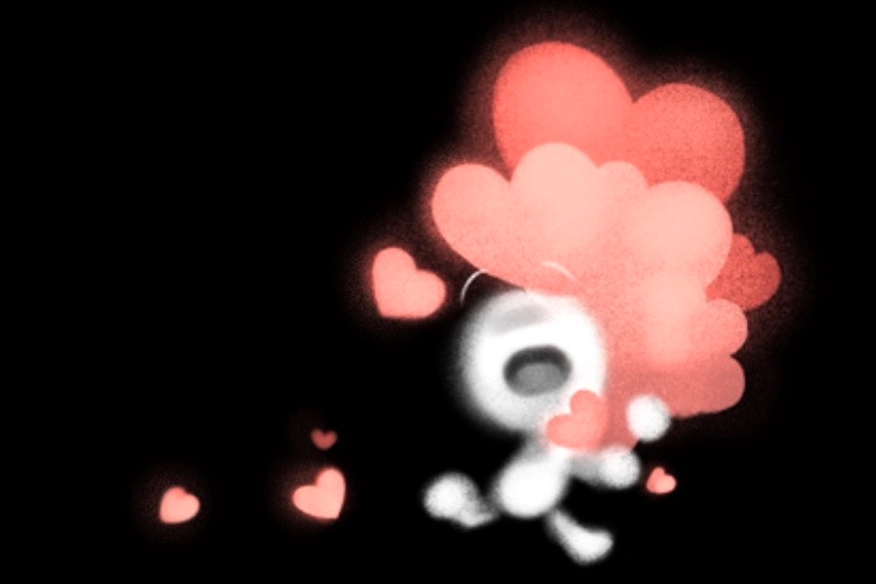 Animation of a character running into a bundle of hearts