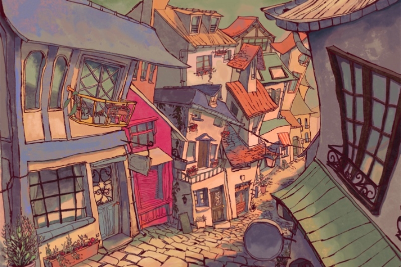 Animation of a brick road surrounded by houses on both sides