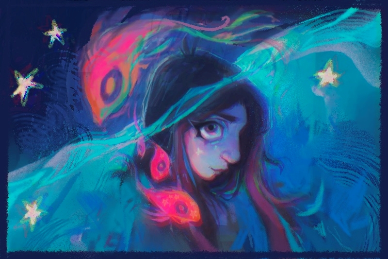 Colorful animation of a character and a fish with a starry background