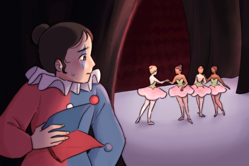 Animation of a sad character looking at a group of ballet dancers