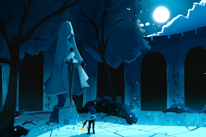 Animation of a character with a sword visiting a statue at night