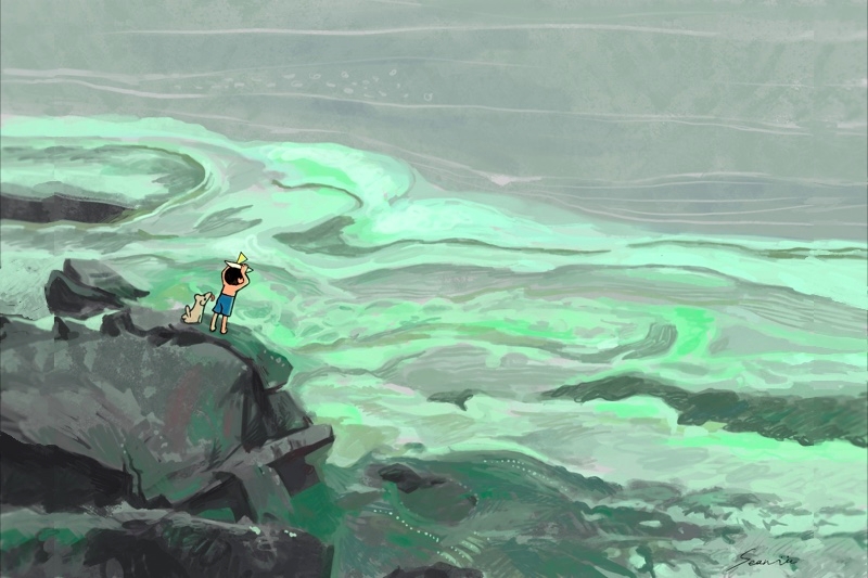 Animation of a character and their dog looking over a cliff