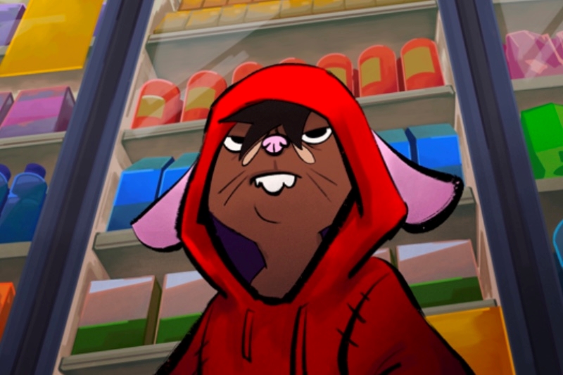 Animation of a rat character in a red hoodie by a store shelf