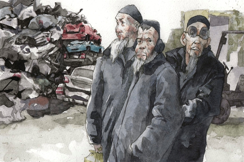 Animation of three people with beards in a car junkyard