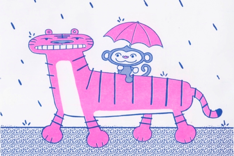 Animated animal with an umbrella riding on top of another pink animal