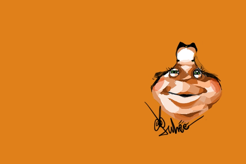 Animation of a characters face with a signature and an orange background