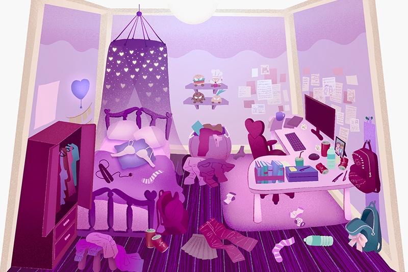 Animation of a purple room with various items layed throughout