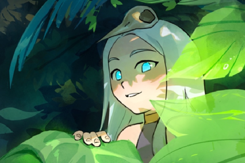 Animation of a character with bright blue eyes, hiding behind some plants