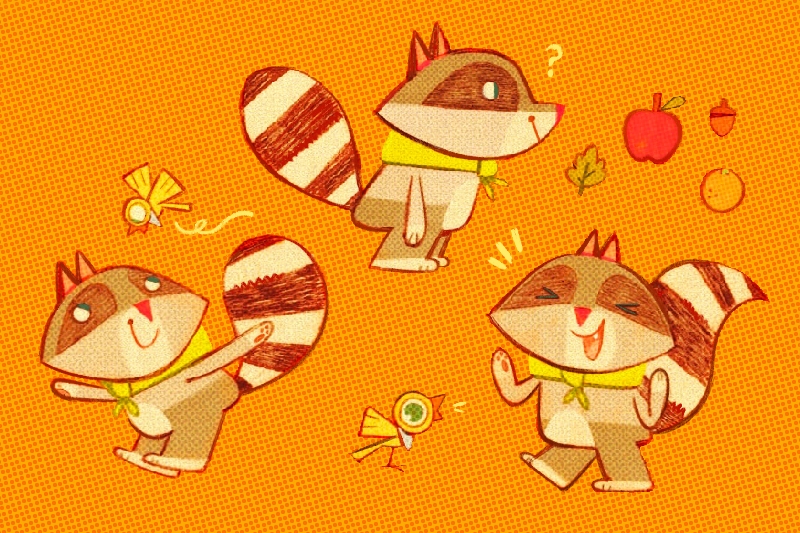 Animation of three racoons with an orange background