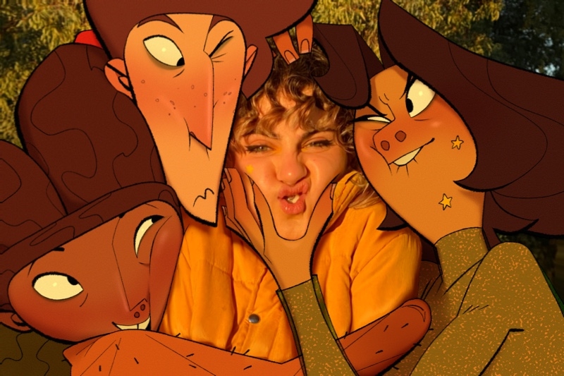 Image of someone who is surrounded by three animated characters