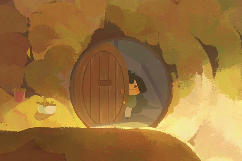 Animation of a character looking through a door from a hill