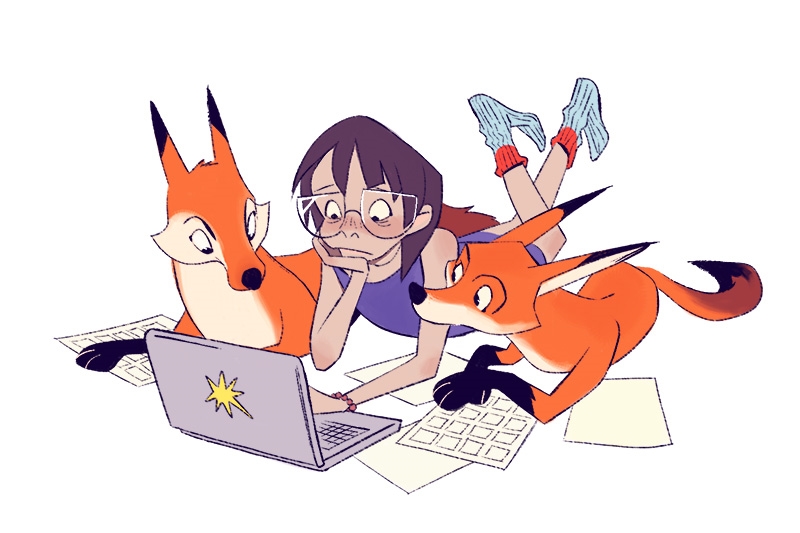 Animation of a character looking at a computer with two foxes