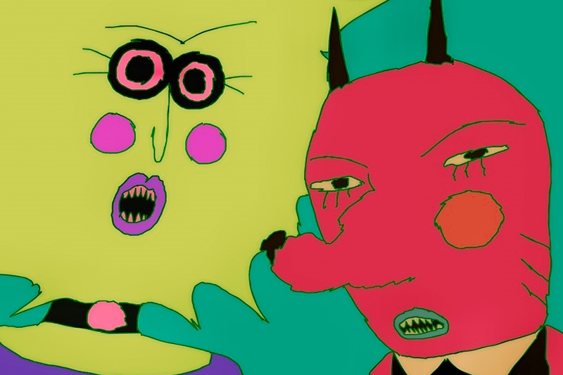 Animation of a close up of two colorful animated characters