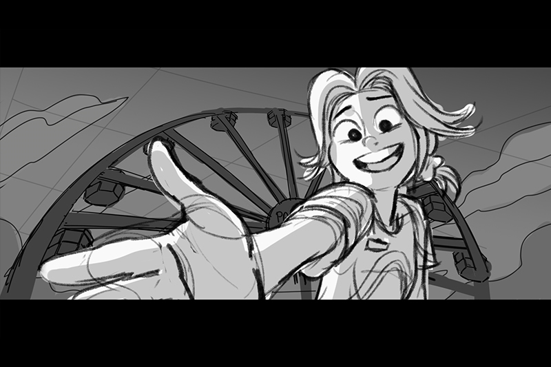 Black and white animation of a character with a ferris wheel behind them