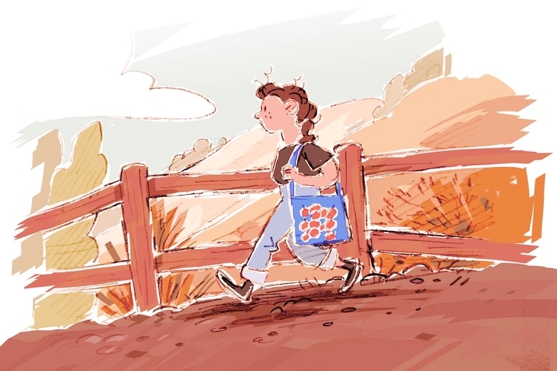 Animation of a character walking on a path along a fence