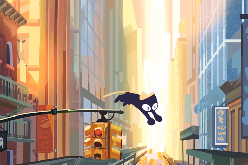 Animation of a cat jumping across a busy city street