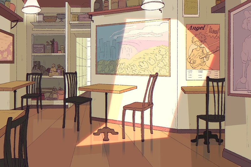 Animation of a room with tables, chairs, and artwork on the walls